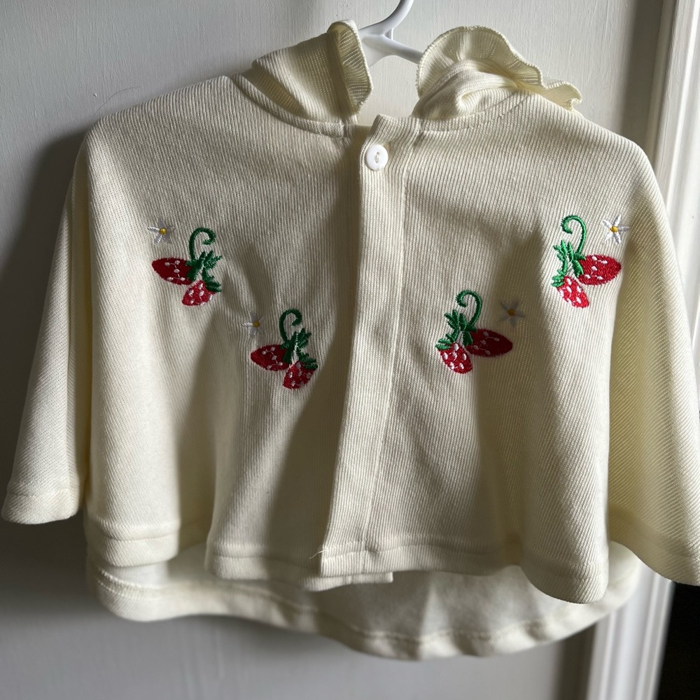 Cream Hooded Kids Poncho with Strawberry Embroidery